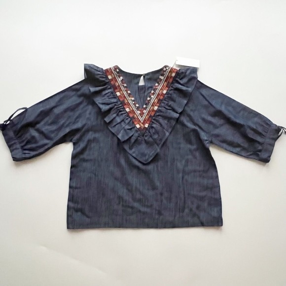 NWT Souk Indigo Hand Embroidered Chambray Top Ruffle V Neck 3/4 Sleeve Pull Over - Picture 7 of 11